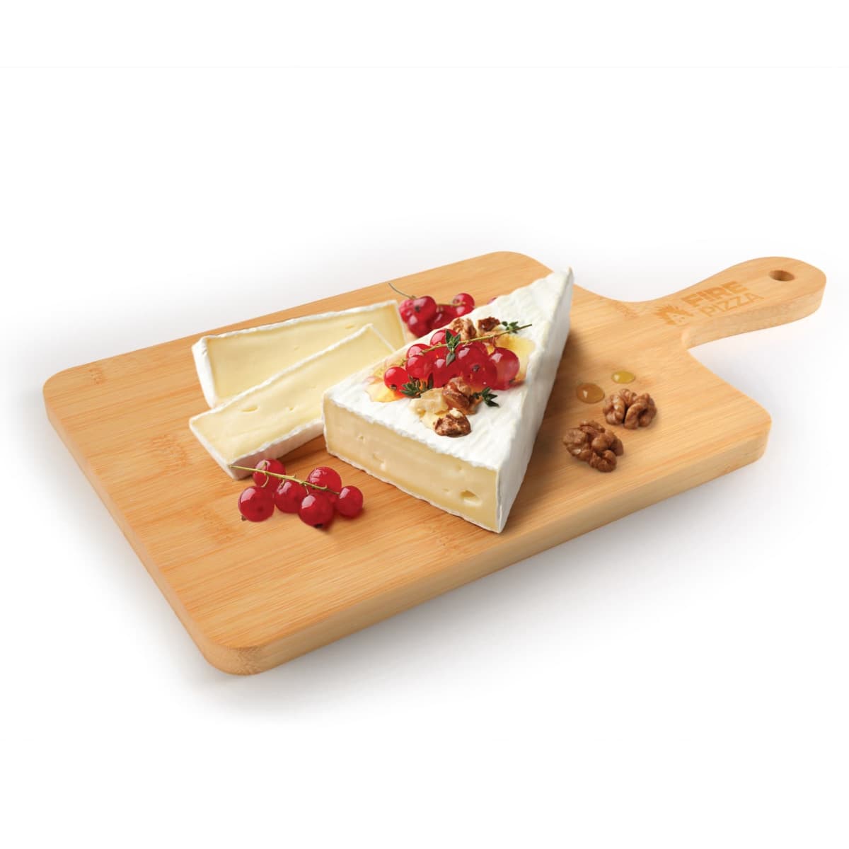 A wooden cutting board holds wedge and rectangular pieces of brie cheese garnished with red currants, walnuts, and rosemary.