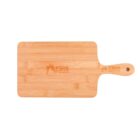 Wooden rectangular cutting board with rounded edges and a handle. The board features a Fire Pizza logo with a stylized flame and text. The handle has a hole for hanging. The wood grain texture is visible.