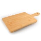 A rectangular wooden cutting board with a handle and a hole for hanging, placed on a white surface. The board has a smooth, light wood finish.