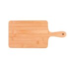 A rectangular wooden cutting board with rounded corners and a handle featuring a hole for hanging, isolated on a white background.