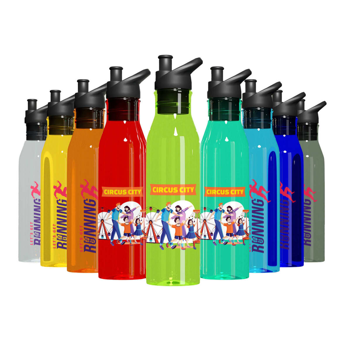 Ten colorful water bottles with black flip-top lids are lined up. The bottles are in varied hues of yellow, orange, red, green, cyan, and blue. Some have Running text and cartoon circus figures.