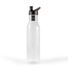 A clear plastic water bottle with a black flip-top lid and a spout is centered against a white background. The bottle tapers slightly towards the top and features a sleek, minimalist design.