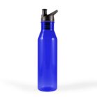 A tall, translucent blue plastic water bottle with a black flip-top lid sits against a white background. The bottle has a smooth, cylindrical shape and appears empty.