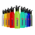 A row of colorful water bottles in shades of gray, orange, red, green, light blue, dark blue, and black, each with a black flip-top lid and the word RUNNING with a runner graphic on the side.