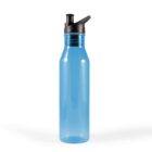 A tall, translucent blue plastic water bottle with a black screw-on lid and spout. The bottle is empty and standing upright on a white background.
