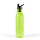 A translucent green plastic water bottle with a black sports cap and a built-in spout is standing upright. The bottle has a sleek, slim design and a smooth surface. The spout is in the closed position.