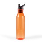 Orange reusable water bottle with a black flip-top lid and straw. The bottle is tall, slender, and transparent, standing upright against a white background.