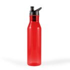 A red plastic water bottle with a black spout lid, standing upright against a white background.