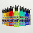 Ten colorful rocket-shaped bottles with spouts, each featuring a Rocket Gear Oils label and an image of a gear. The bottles are in shades of gray, yellow, orange, red, green, bright green, light blue, teal, blue, and dark blue.