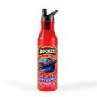Red plastic water bottle with a black flip-top lid. The bottle features a vibrant graphic of a rocket with the words Rocket Gear Oils on it.