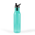 A turquoise water bottle with a black flip-top lid and spout. The bottle is transparent and has a sleek, cylindrical shape. Its positioned upright on a plain white background.