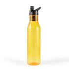 A transparent orange water bottle with a black flip-top spout is centered against a plain white background.