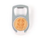 A metal bottle opener with a circular wooden inset engraved with BERNARDS LLC618 and a stylized B logo in the center.
