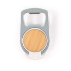A silver and bamboo card holder with a bottle opener feature. The design is minimalist, combining silver metal with a circular bamboo section in the center.