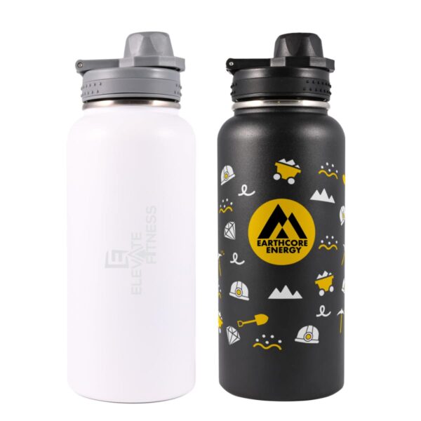 Two insulated water bottles: one white with Elevate Fitness in light gray, and one black with a yellow Earthcore Energy logo surrounded by mining-themed icons. Both have gray lids with flip spouts.