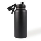 A black insulated water bottle with a flip-top lid stands upright. The bottle has a matte finish and appears sturdy, suitable for holding hot or cold beverages.