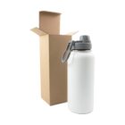 A white water bottle with a gray lid and handle stands next to an open brown cardboard box on a white background.