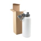 A white insulated water bottle with a gray lid and handle is placed in front of an open brown cardboard box. The bottle and box are on a plain white background.