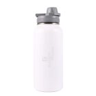 A white insulated water bottle with a grey flip-top lid stands upright. The bottle has the words Elevate Fitness printed in silver vertically along the side. The cap features a handle for easy carrying.