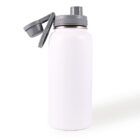 A plain white reusable water bottle with a gray lid and flip-top spout, standing upright against a white background.