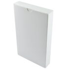 Plain white rectangular cardboard box standing vertically against a white background, slightly angled to show its side.
