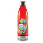 A red sports bottle with a silver cap. The label features a cartoon lion playing soccer, set against a background of green grass and a blue sky. Text on the label reads Fun Games Festival.