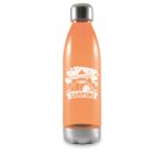 A transparent orange water bottle with a silver cap and base. It features a white design of a tent surrounded by trees, clouds, and stars with the words Travel Trek Camping across the front.