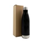A black stainless steel water bottle with a silver cap next to a plain brown cardboard box on a white background.