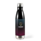 A sleek metal water bottle with a silver cap and base. The design features a gradient from black to red, overlaid with blue dots, and the logo Trident Cyber Security in white text and a gold trident symbol.