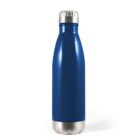 A blue stainless steel water bottle with a silver cap and base, standing upright on a plain white background.