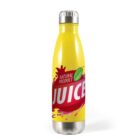 A yellow insulated bottle with a silver cap, featuring a red splash design. The label reads Natural Product with a leaf icon, and Juice in bold white letters.