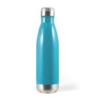 A stainless steel water bottle with a shiny turquoise body and a silver screw-on cap. The bottle is standing upright against a plain white background.