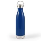 A blue stainless steel water bottle with a silver cap and handle, standing upright on a white background. The bottle has a sleek, smooth design with a shiny finish.