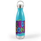 A blue water bottle with a silver cap and base. It features colorful text on the front reading KIDS ZONE surrounded by vibrant wave-like patterns.