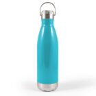 A turquoise stainless steel water bottle with a silver lid and handle is standing upright against a white background.