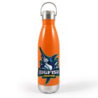 A bright orange water bottle with a silver base and cap features a Big Fish Charters logo. The logo depicts a stylized marlin jumping out of water with text beneath it. The bottle is standing upright on a white background.