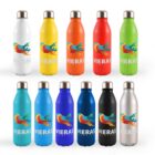 Twelve colorful stainless steel water bottles in a 3x4 grid. Each bottle features a vibrant logo with abstract fish designs and the text VIERAS CREATIVE on the front. Colors include white, yellow, red, green, teal, blue, black, and silver.