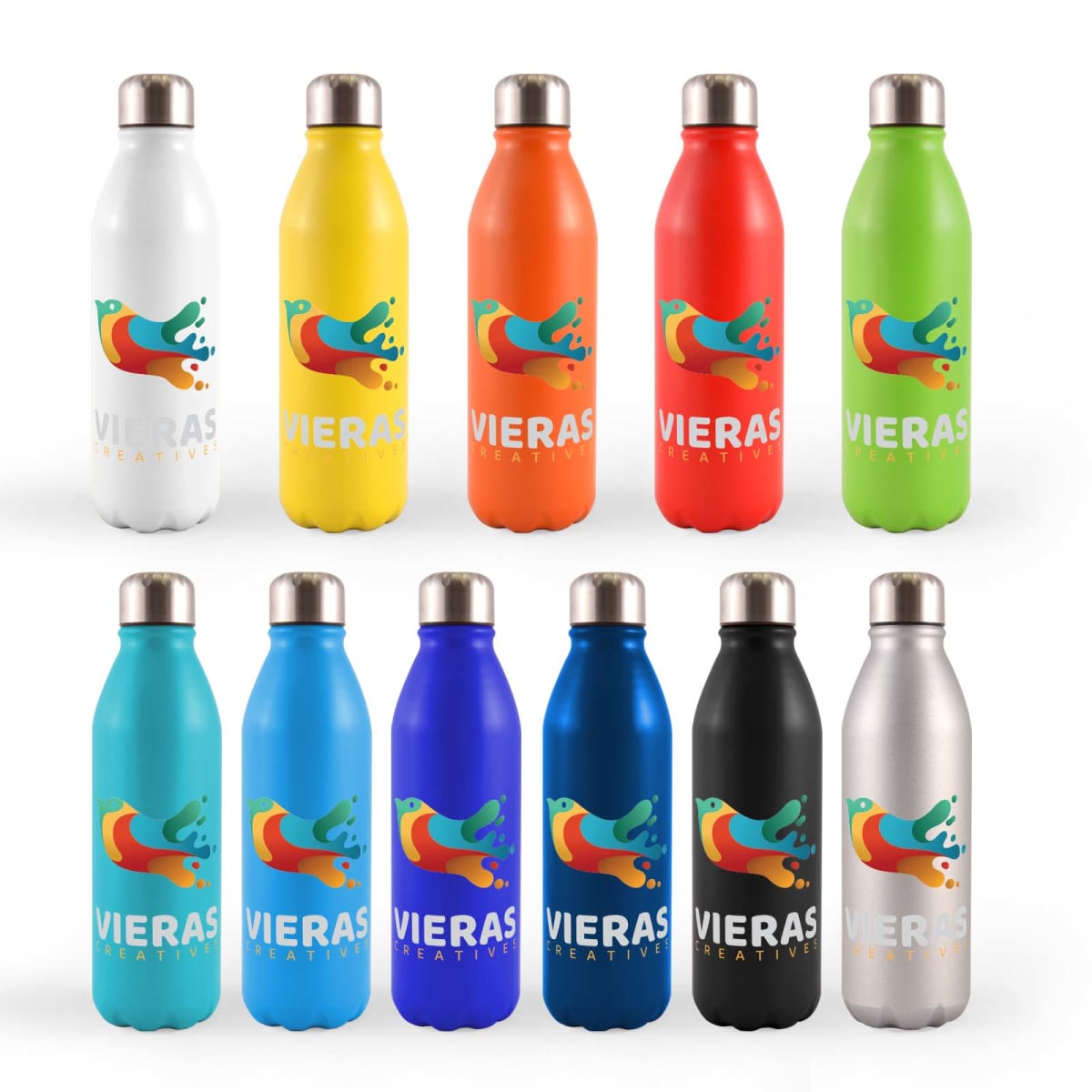 Twelve colorful stainless steel water bottles in a 3x4 grid. Each bottle features a vibrant logo with abstract fish designs and the text VIERAS CREATIVE on the front. Colors include white, yellow, red, green, teal, blue, black, and silver.
