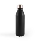 A sleek, matte black water bottle with a stainless steel cap is centered against a plain white background. The bottle has a smooth, modern design, suggesting it is insulated and suitable for both hot and cold beverages.