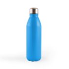 A blue stainless steel water bottle with a silver cap, standing upright against a white background.