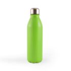 A lime green stainless steel bottle with a silver screw-on cap, standing upright against a plain white background.