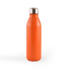 An orange stainless steel water bottle with a silver cap stands upright against a white background.