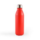 Red water bottle with a stainless steel cap, standing upright against a plain white background.