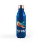Blue metal water bottle with a silver cap, featuring a colorful, abstract bird logo. The text Vieras Creatives is printed below the graphic.