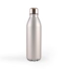 A stainless steel water bottle with a smooth silver finish stands upright. It has a shiny, metallic screw-on cap and a sleek design. The bottle is positioned against a plain white background.