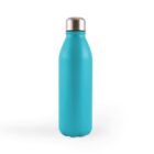 A teal stainless steel water bottle with a shiny silver cap, standing upright against a plain white background.