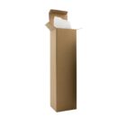 Tall, open cardboard box with white packing paper emerging from the top, isolated on a white background.