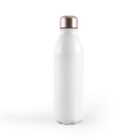 White insulated stainless steel water bottle with a metallic screw-on cap, standing upright against a plain white background.