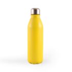 A bright yellow insulated stainless steel water bottle with a silver screw-on cap stands upright against a plain white background.