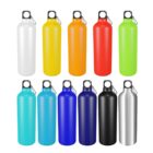 A collection of eleven colorful reusable water bottles arranged in two rows. The bottles are white, yellow, orange, red, green, light blue, turquoise, blue, navy blue, black, and silver, each with a metal cap featuring a loop for carrying.